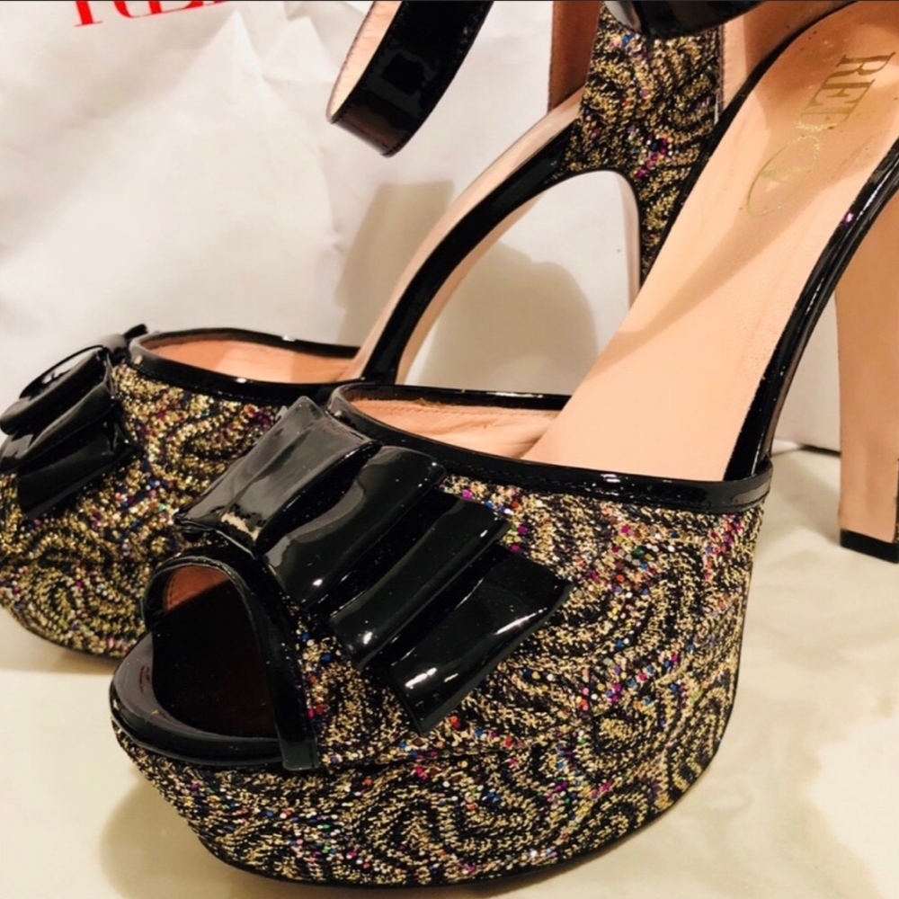 Valentino Red Glitter Peep Toe Pump Platform Heels - Picture 2 of 6